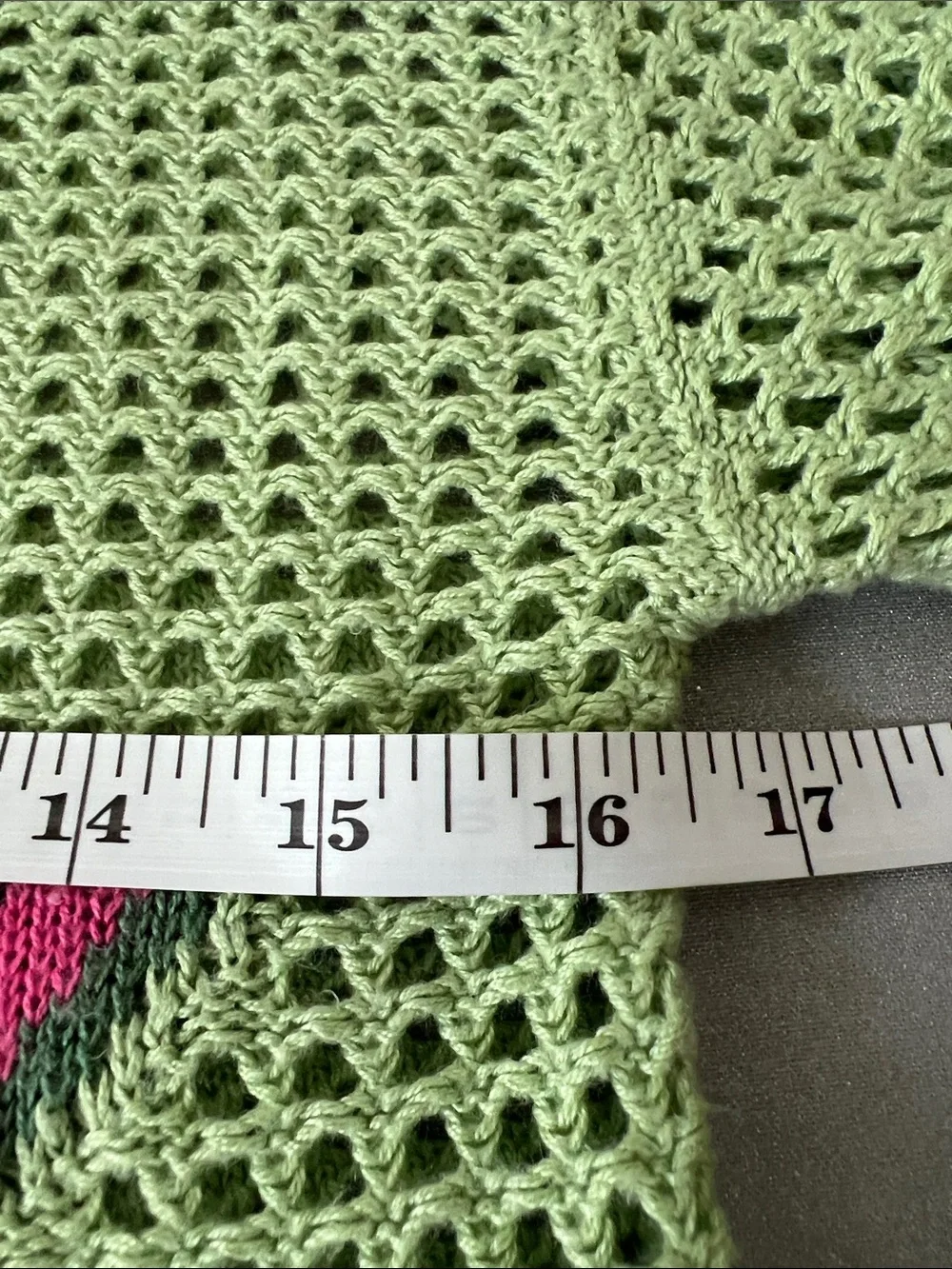 No Comment | Green Cropped Crochet Sweater Pink Watermelon Patches Size XL (16)